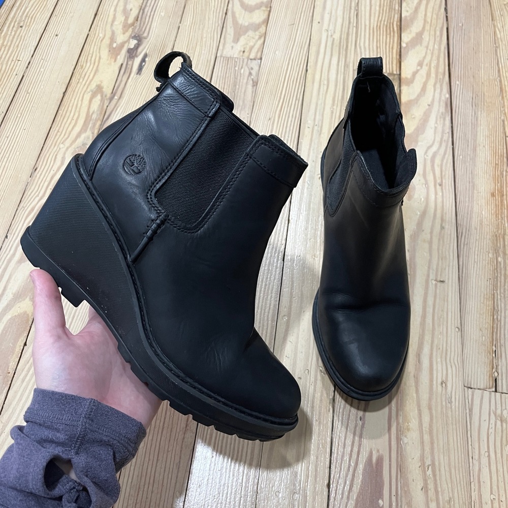 Timberland Amston Chelsea Wedge Boots Womens 8.5 Black Leather Ankle A1KMJ